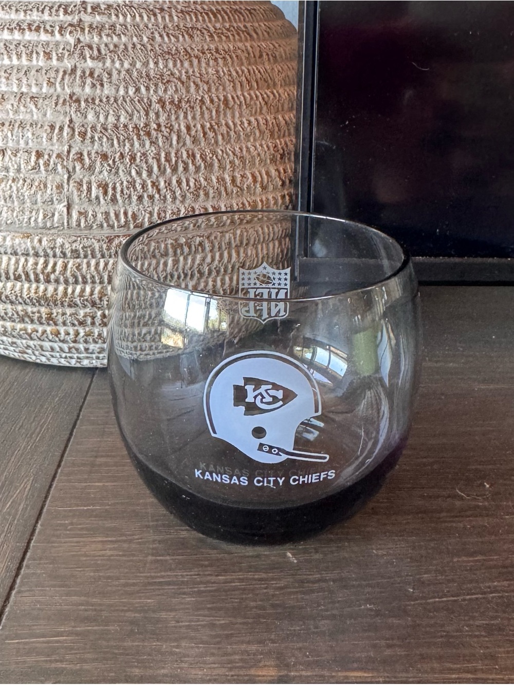 Vintage 1970s Kansas City Chiefs Roly Poly Rocks Glass with Smokey Gray Base